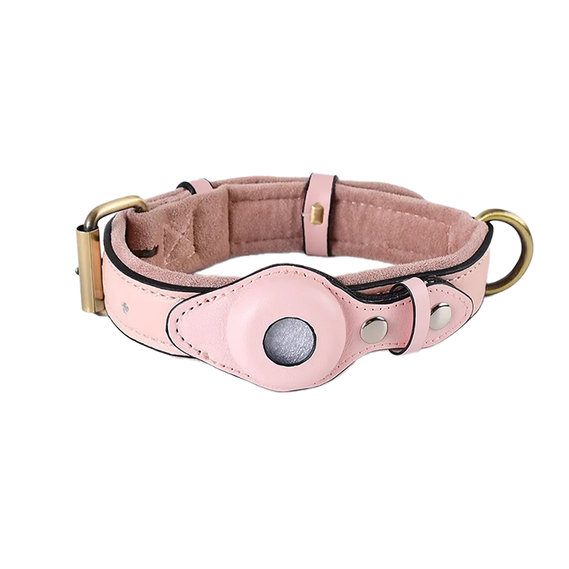 Pink leather dog collar with metal buckle and D-ring, featuring a stylish design and durable construction. Perfect for pet accessories and fashion.