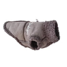 Gray dog winter coat with soft fleece lining, embroidered "Dadagou" logo, and adjustable fit. Ideal for small pets, providing warmth and comfort.