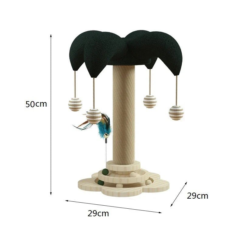 Cat scratching post with palm tree design, hanging balls, and feather toy. Dimensions: 50cm height, 29cm base. Ideal for playful cats.