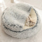 Fluffy gray cat bed with sleeping cat, cozy pet furniture, soft plush material.