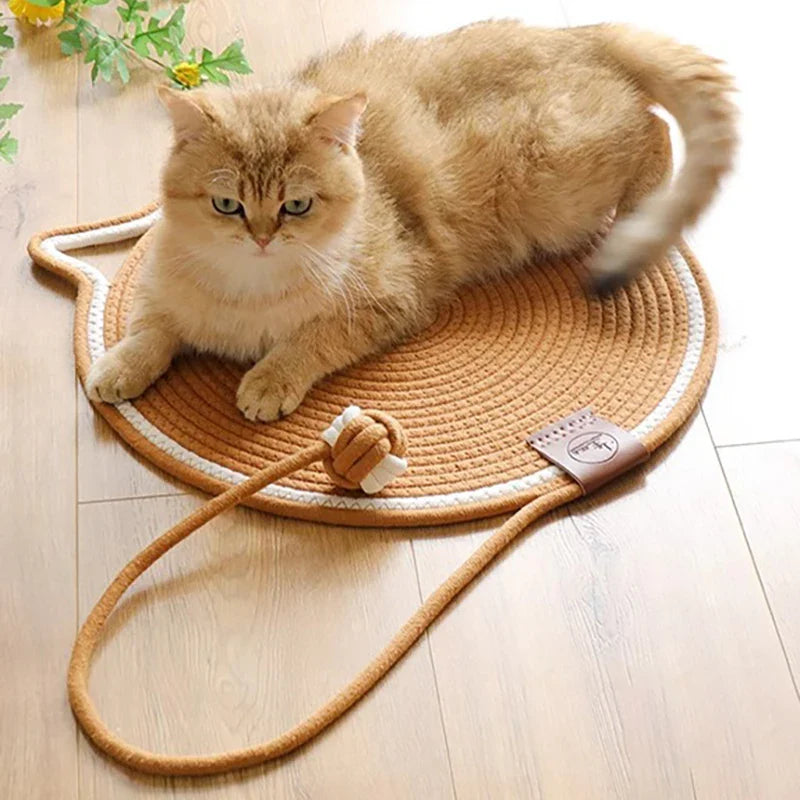 Fluffy cat lounging on a round, brown cat-shaped scratching mat with a rope toy on a wooden floor. Perfect pet accessory for playful cats.