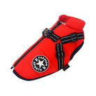 Red dog jacket with black harness, featuring "Fashion Sports" patch. Warm pet apparel, adjustable fit, stylish winter coat for small to medium dogs.