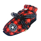 Red plaid dog harness with adjustable straps, metal D-ring, and star logo. Stylish pet accessory for small to medium dogs. Durable and comfortable.