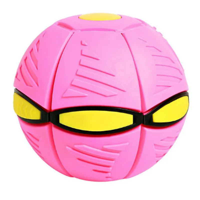 Pink transforming ball toy with yellow accents, featuring a segmented design for easy shape-shifting. Ideal for kids' interactive play and development.