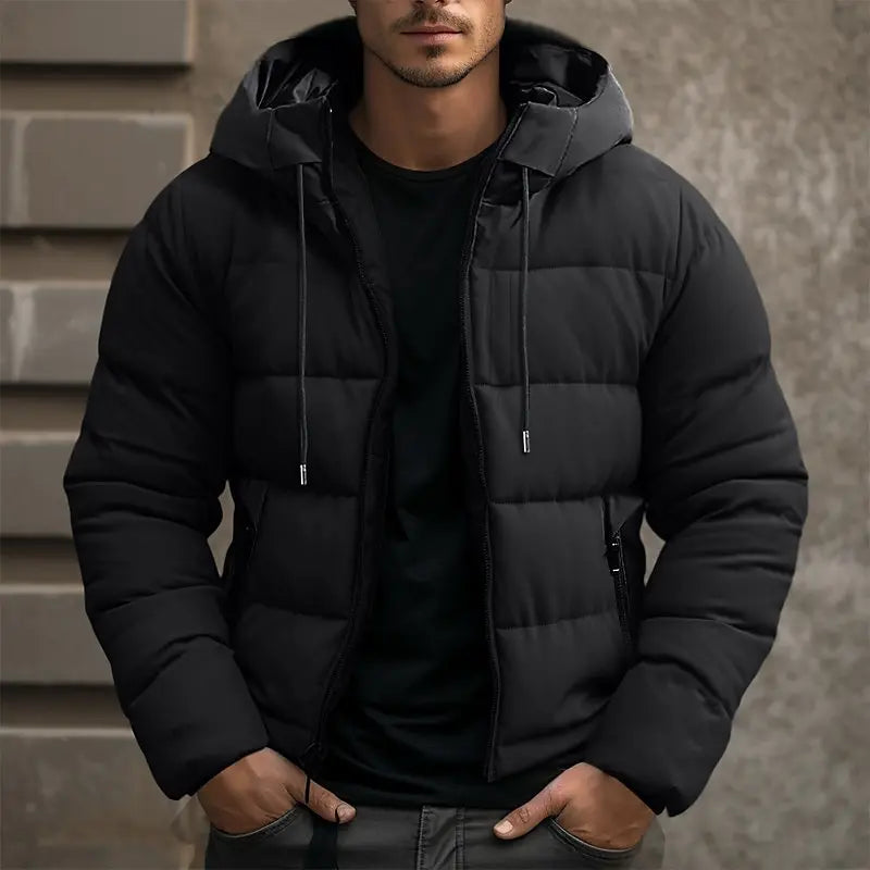 Black men's puffer jacket with hood, zipper closure, winter outerwear, casual fashion.