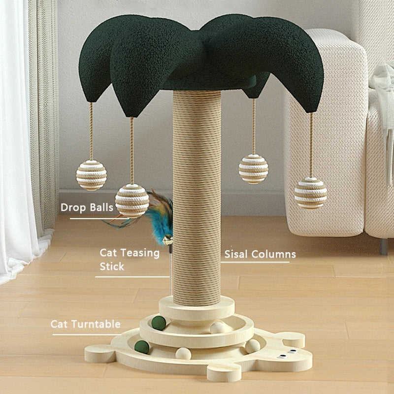 Cat tree with sisal scratching post, palm tree design, hanging balls, and interactive turntable. Perfect for playful cats. Pet furniture, cat activity center.