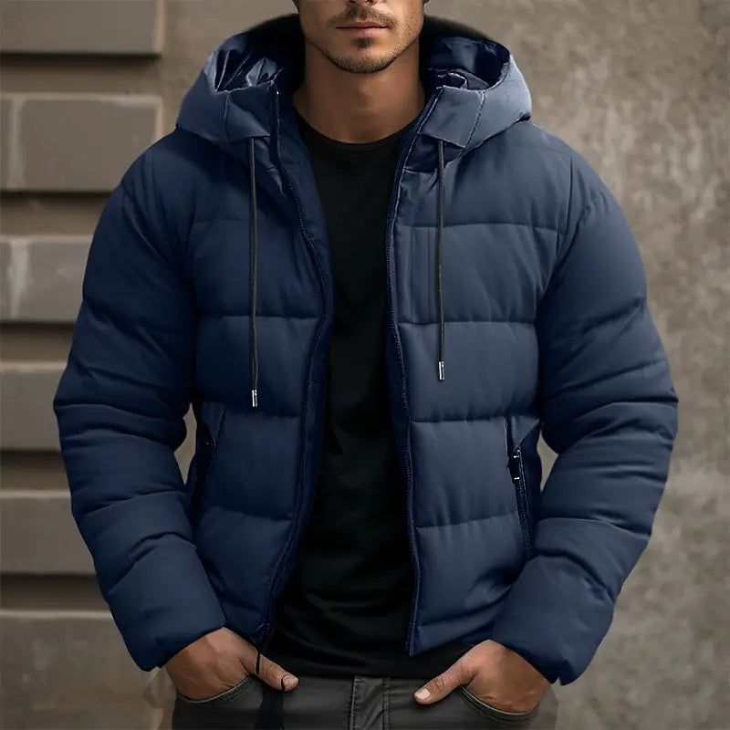 Men's navy blue puffer jacket with hood, zipper closure, winter outerwear.