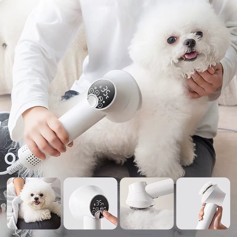 Person using a white pet grooming hair dryer on a fluffy white dog. Features digital temperature display. Ideal for pet care and grooming.