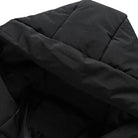 Black puffer jacket hood, quilted design, winter outerwear, insulated, warm clothing accessory.