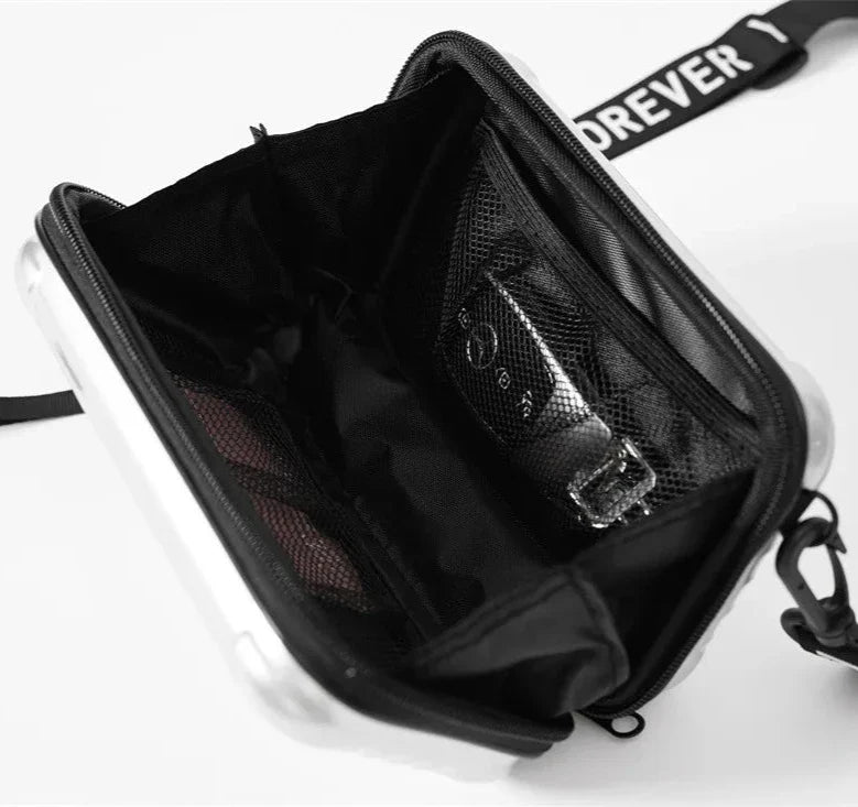 Open black crossbody bag with visible interior compartments, mesh pocket, and adjustable strap. Ideal for organizing essentials. Fashion accessory.