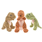 Three plush dinosaur toys in textured fabric: brown, orange, and green. Perfect for kids' gifts, nursery decor, or dinosaur-themed collections.