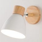 Modern wooden wall sconce with white lampshade, minimalist design, perfect for home lighting decor, energy-efficient LED compatible fixture.