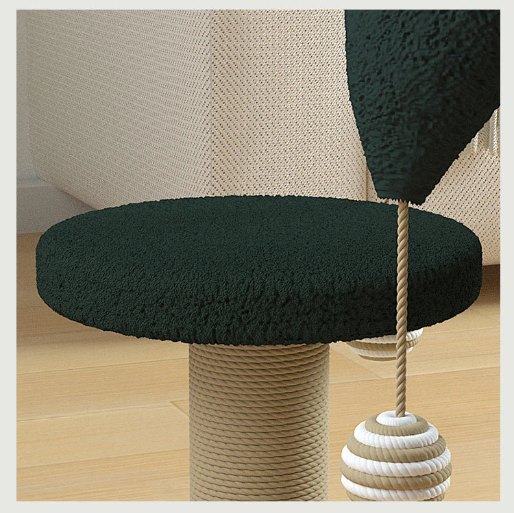 Cat scratching post with dark green plush top, beige sisal rope base, and hanging toy ball. Perfect for pet play and furniture protection.