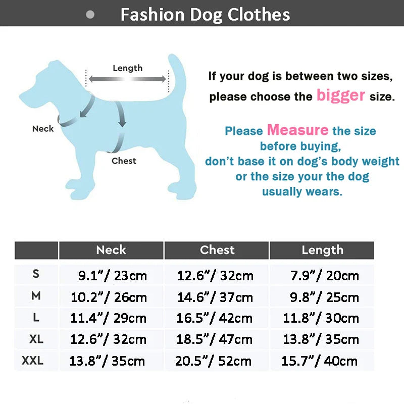 Size chart for fashion dog clothes, featuring measurements for neck, chest, and length in inches and centimeters for sizes S to XXL.