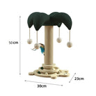 Cat scratching post with palm tree design, hanging balls, and feather toy. Dimensions: 50cm height, 30cm base diameter. Ideal for playful cats.