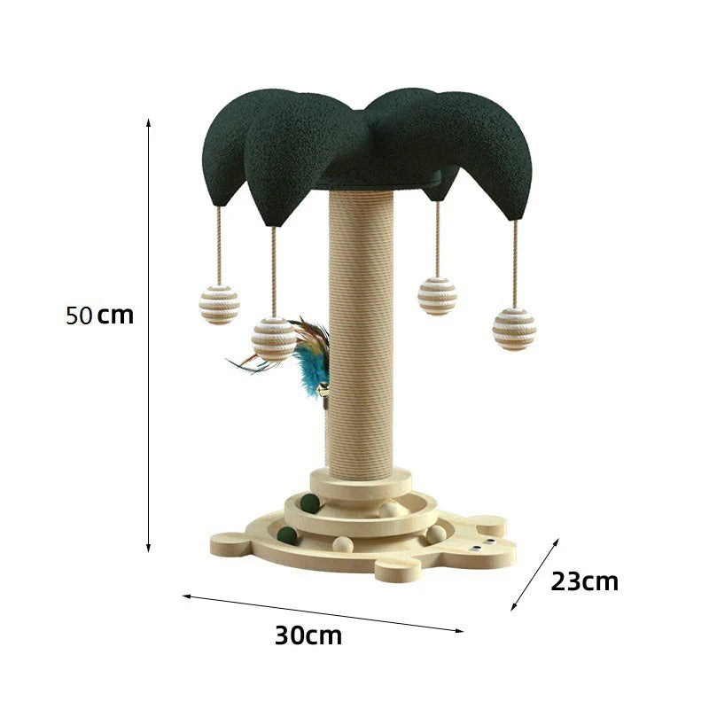 Cat scratching post with palm tree design, hanging balls, and feather toy. Dimensions: 50cm height, 30cm base diameter. Ideal for playful cats.