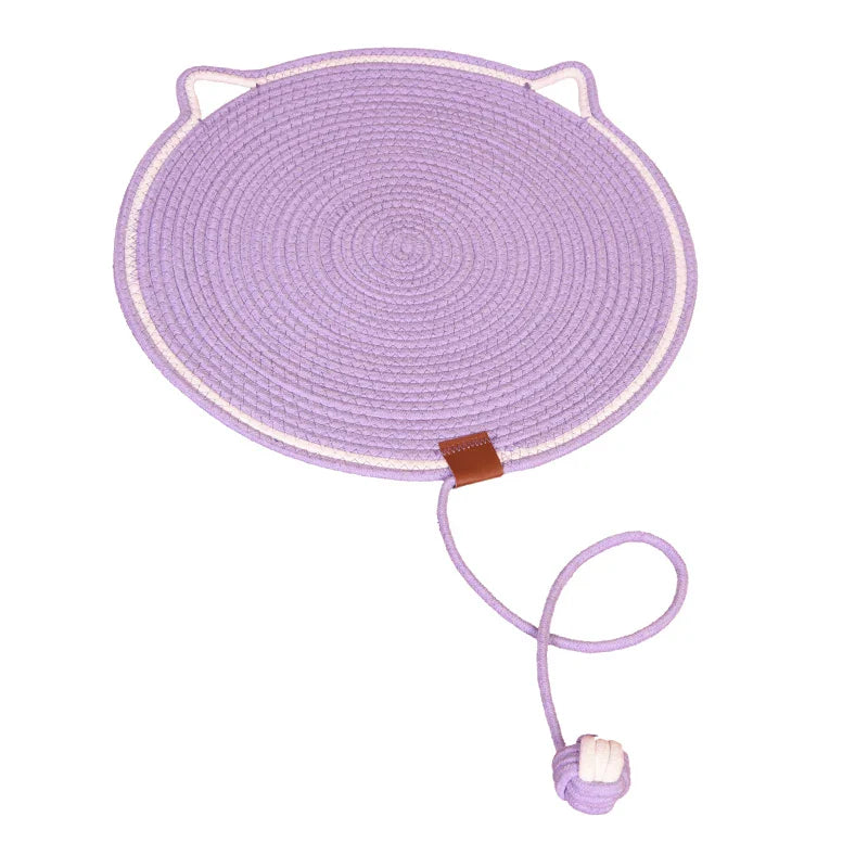 Round lavender cat scratching mat with attached rope and ball toy, durable woven design, perfect for playful cats, pet accessory, home decor.