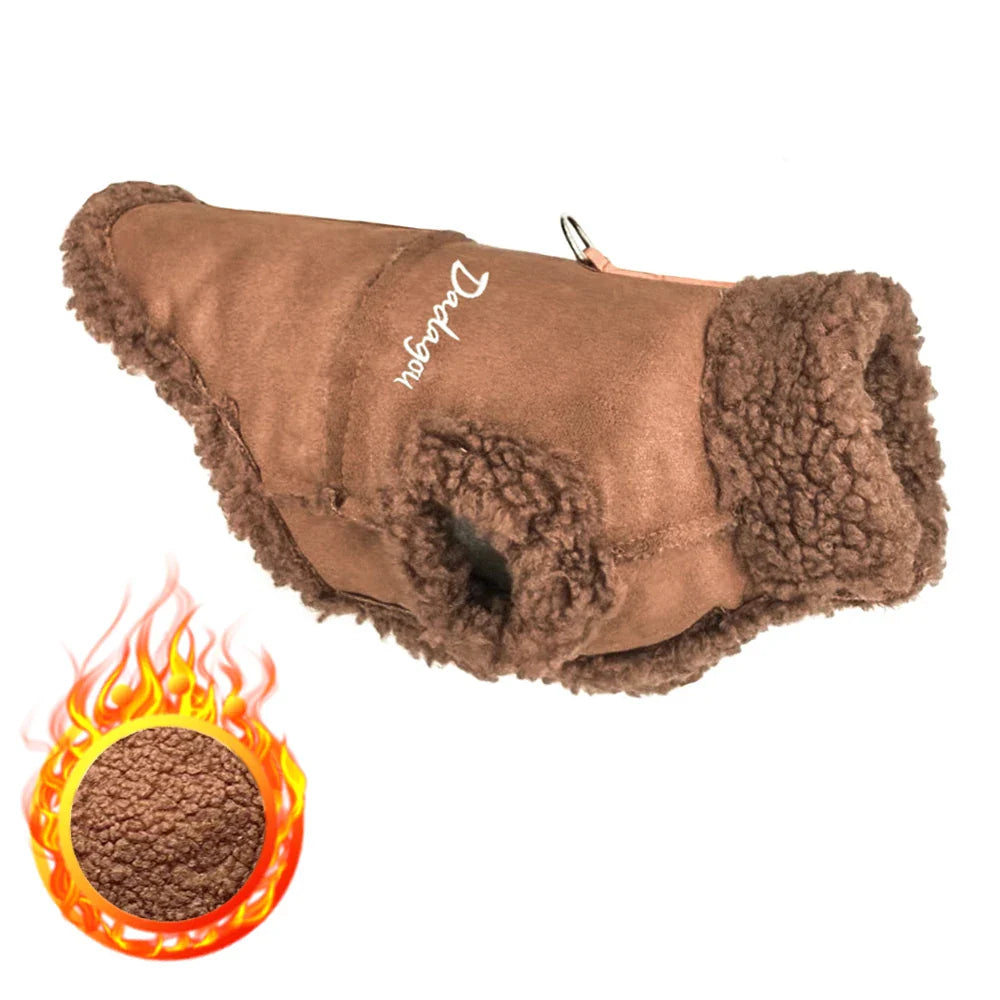 Brown dog winter coat with fleece lining, featuring a flame icon indicating warmth. Ideal for small pets, cozy and stylish pet apparel.