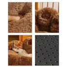 Brown fluffy dog bed with anti-slip bottom, cozy plush material, ideal for pet comfort and relaxation.