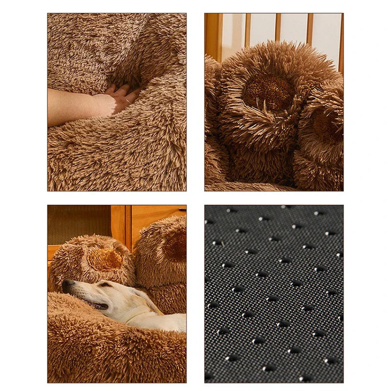 Brown fluffy dog bed with anti-slip bottom, cozy plush material, ideal for pet comfort and relaxation.