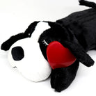 Plush black and white dog toy with red heart detail, soft stuffed animal for kids, cuddly pet gift, cute puppy plushie, perfect for snuggling.