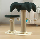 Cat scratching post with dual platforms, plush palm tree design, and hanging striped balls. Ideal for indoor cats, promoting play and exercise.