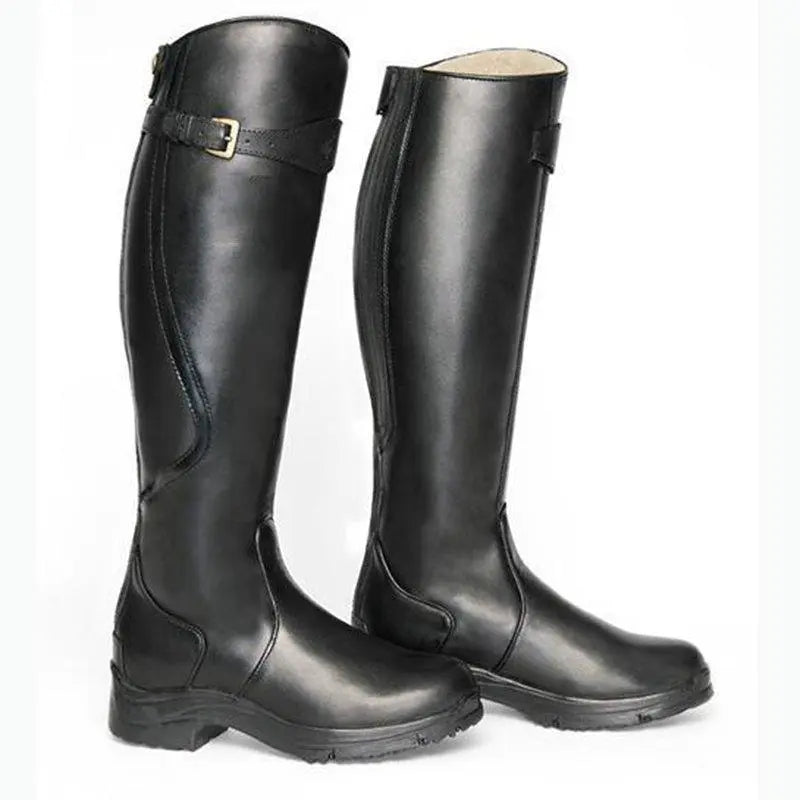 Black leather equestrian riding boots with buckle detail, knee-high design, durable sole. Perfect for horseback riding enthusiasts and fashion-forward individuals.