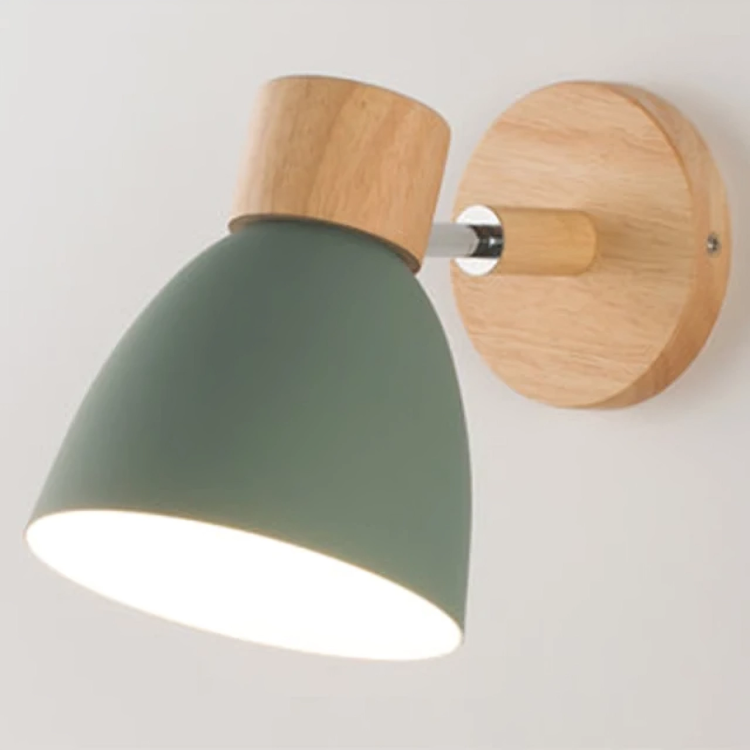 Modern wall sconce with green matte shade and wooden base, ideal for home lighting decor. Contemporary design, energy-efficient, stylish wall lamp.