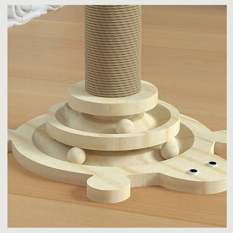 Cat scratching post with a wooden turtle-shaped base, featuring a sisal-wrapped pole. Ideal for pet owners seeking durable cat furniture and scratchers.