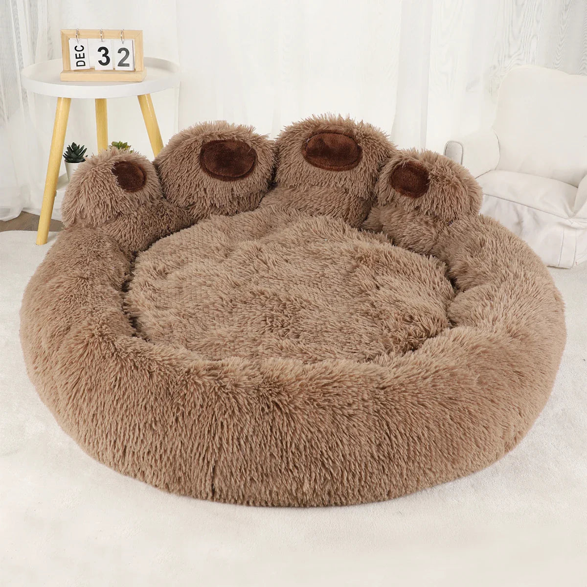 Fluffy brown paw-shaped pet bed, plush faux fur, cozy design for cats and dogs.