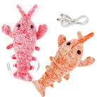 Plush shrimp cat toy with USB charging cable, featuring realistic design and vibrant pink color. Interactive pet toy for playful cats.