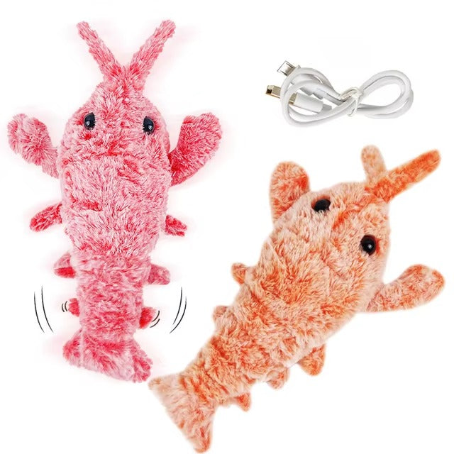 Plush shrimp cat toy with USB charging cable, featuring realistic design and vibrant pink color. Interactive pet toy for playful cats.