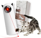 Automatic cat laser toy with red laser beam, playful kitten, and packaging box. Interactive pet toy for cats, promotes exercise and entertainment.