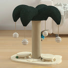 Cat scratching post with palm tree design, featuring hanging striped balls and sisal-wrapped trunk, ideal for playful kittens and indoor cat activity.