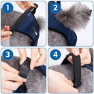 Dog harness fitting guide with step-by-step instructions: adjust neck strap, secure chest buckle, and tighten handle. Pet safety, comfortable fit.