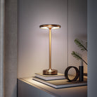 Modern gold table lamp on a minimalist shelf with books, a decorative ring, and a pine branch. Elegant home decor, contemporary lighting design.