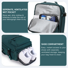 Travel backpack with separate ventilated wet pocket and shoe compartment, ideal for storing toiletries and shoes, keeping belongings clean and dry.