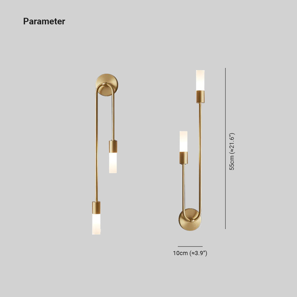 Modern gold wall sconce with dual LED lights, sleek minimalist design, 55cm height, 10cm width, ideal for contemporary home lighting decor.