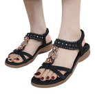 Black rhinestone flat sandals for women, featuring a Bohemian design with decorative embellishments, perfect for summer fashion and casual wear.