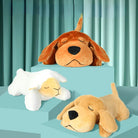 Plush stuffed animals on display: brown dog, white sheep, and tan dog. Soft toys for kids, perfect for gifts and nursery decor.