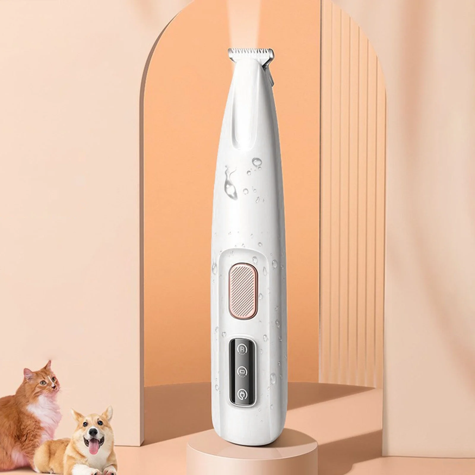 White pet hair trimmer for dogs and cats, rechargeable and multifunctional, ideal for grooming paws, eyes, ears, face, and rump.