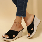 Women's black wedge sandals with braided platform, open toe design, and casual style. Perfect for summer fashion and comfortable wear.