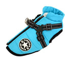 Blue dog winter coat with adjustable black straps, zipper closure, and "Fashion Sports" logo. Ideal for pet warmth and style.