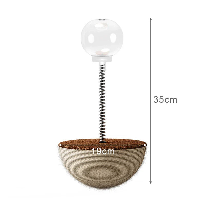 Modern cat scratcher with spring-mounted transparent ball, 35cm tall, 19cm wide, durable sisal base, interactive pet toy for playful cats.