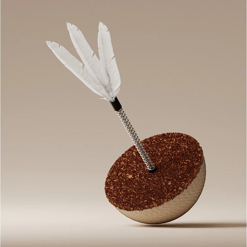 Modern feathered dart with a textured brown spherical base on a neutral background, showcasing unique design and craftsmanship.