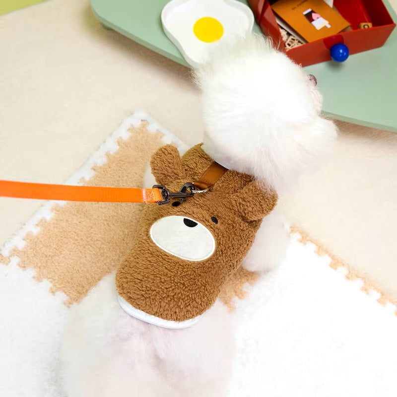 Small white dog wearing a cute brown teddy bear costume with an orange leash, standing on a soft mat. Perfect pet fashion for playful pups.