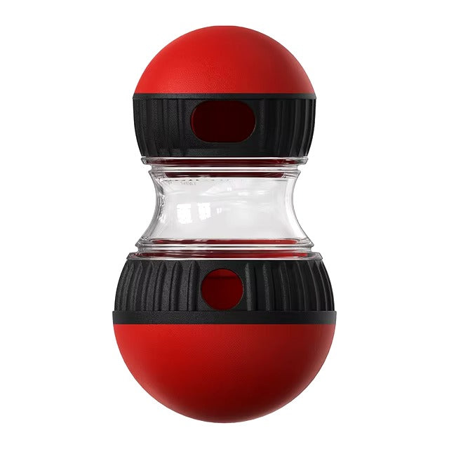 Red and black dog treat dispenser toy with transparent middle section, durable rubber design, interactive pet play, chew-resistant, boredom buster.