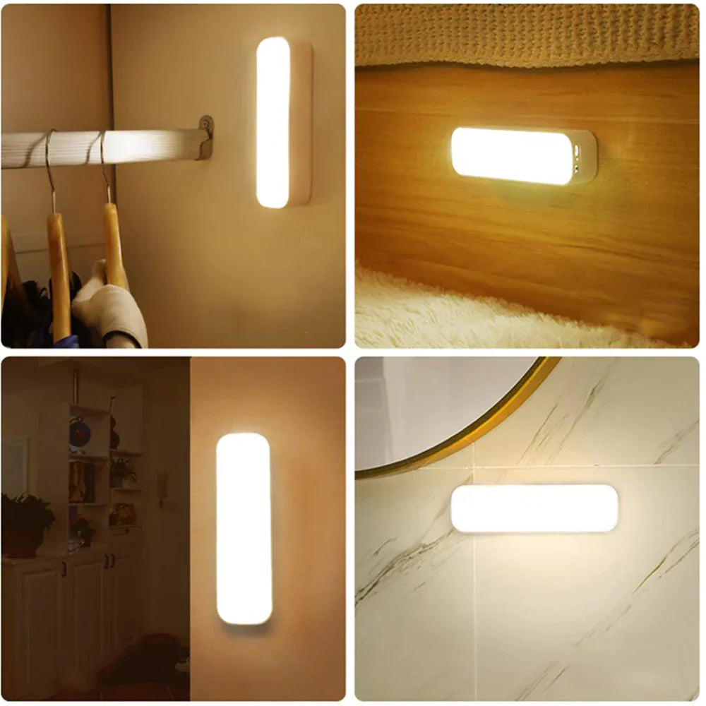 LED motion sensor night light in various home settings; ideal for closets, hallways, and bathrooms. Energy-efficient, easy installation, warm glow.