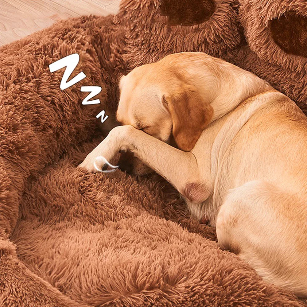 Sleeping Labrador in fluffy brown dog bed, cozy pet furniture, comfortable canine resting spot.