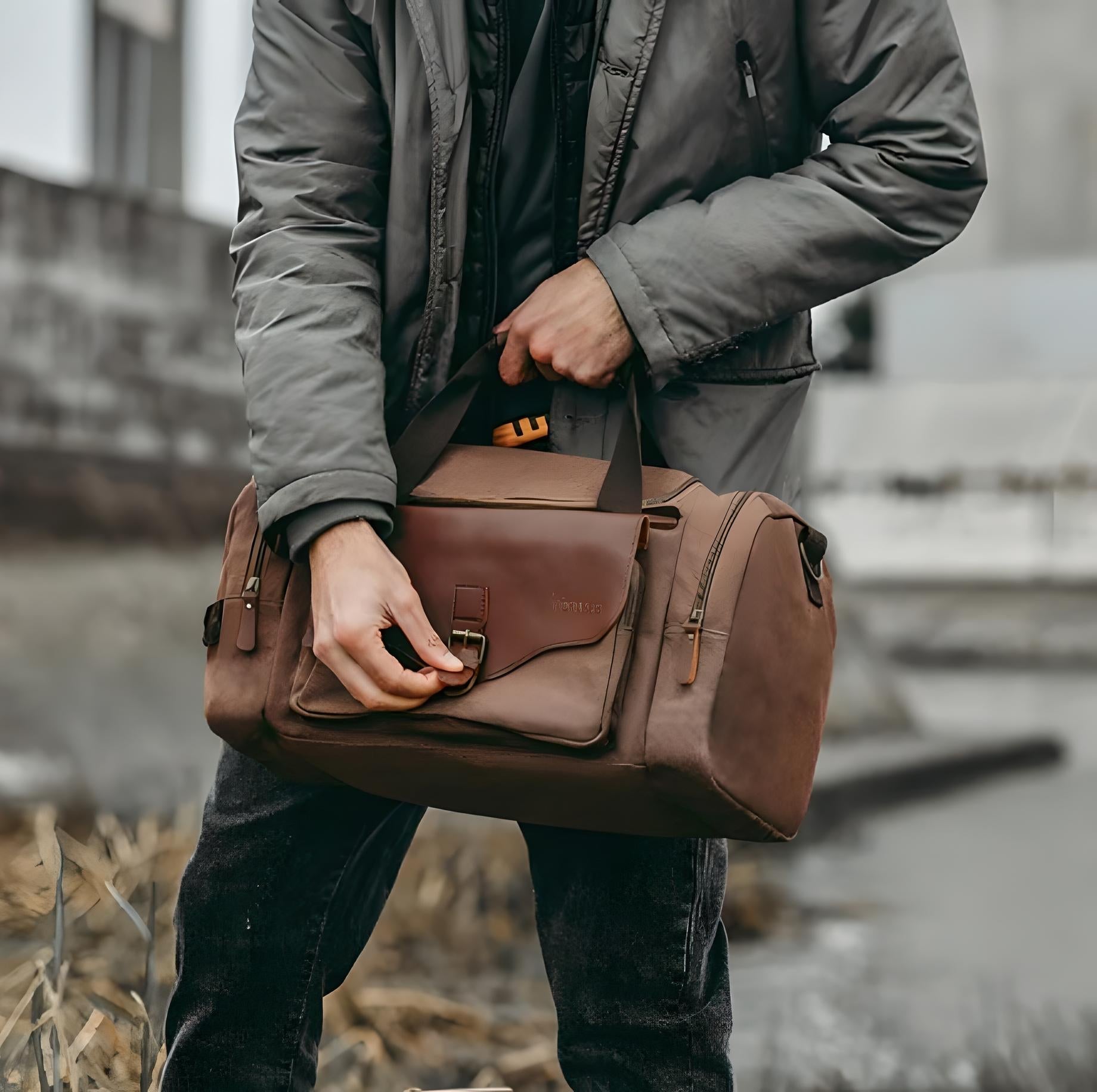 Man holding a stylish brown leather duffel bag with multiple pockets, wearing a gray jacket and jeans. Perfect for travel and fashion enthusiasts.